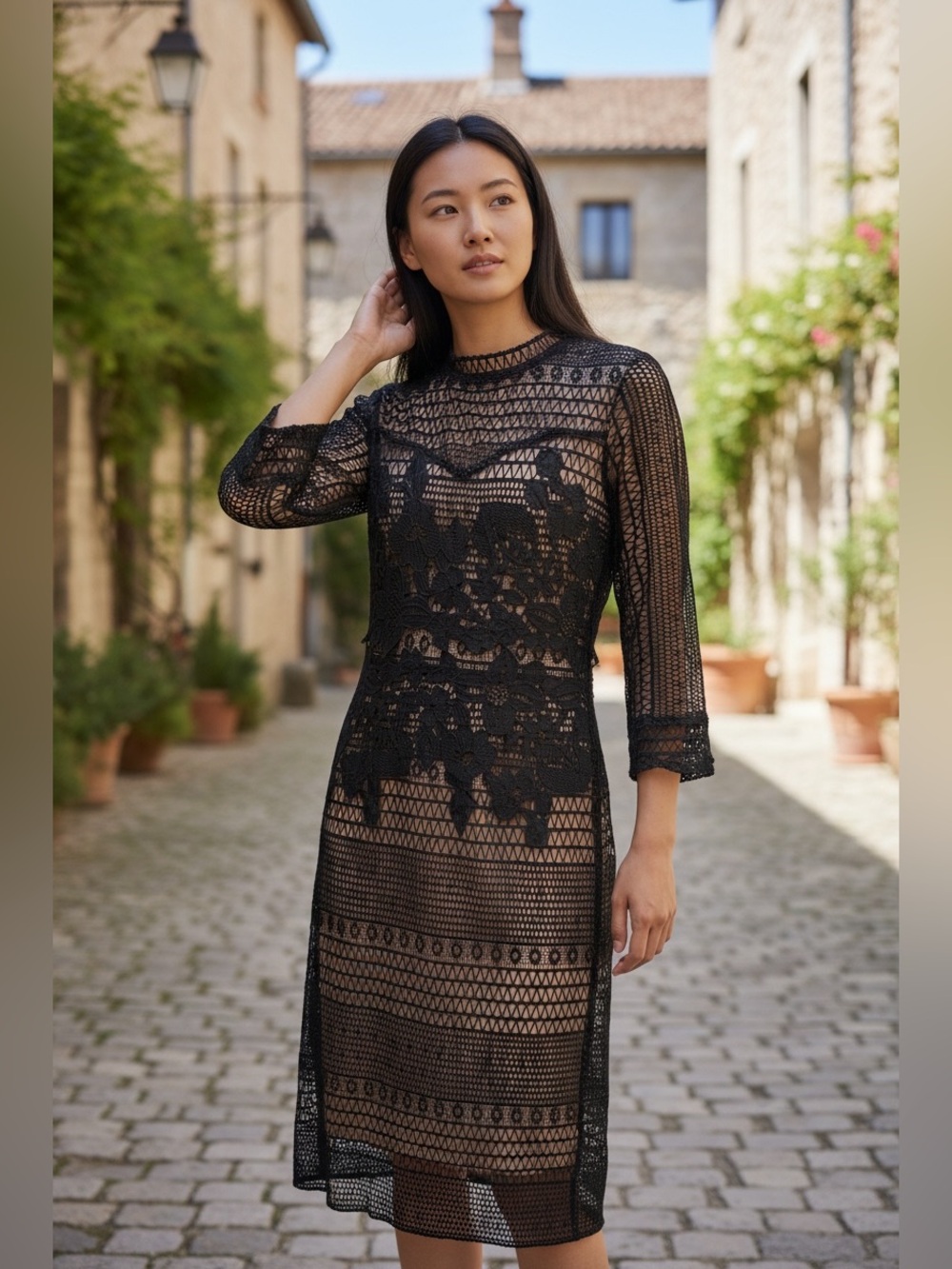 Polagram Black Crochet Lace Dress with Nude Lining